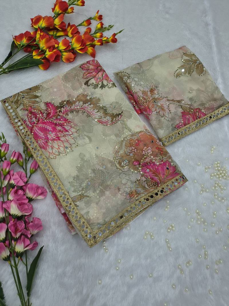 White Color Print And Handwork Sequins Work Tabby Silk Saree