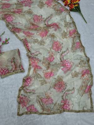 White Color Print And Handwork Sequins Work Tabby art silk saree 2