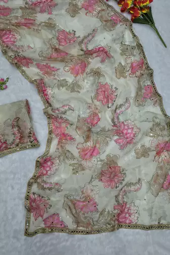White Color Print And Handwork Sequins Work Tabby art silk saree