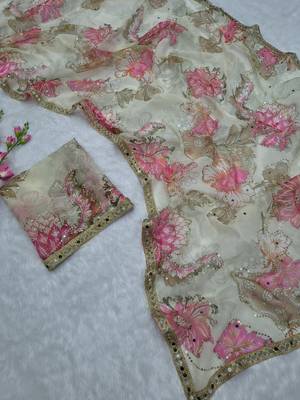 White Color Print And Handwork Sequins Work Tabby art silk saree 3