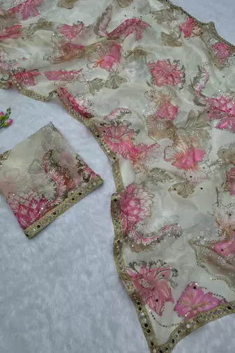 White Color Print And Handwork Sequins Work Tabby art silk saree