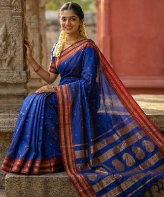 D blue silk woven saree with blouse 2