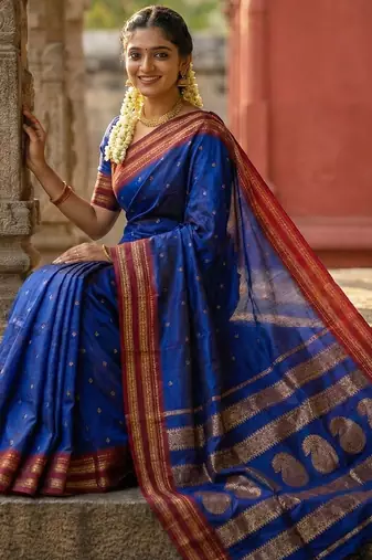 D blue silk woven saree with blouse