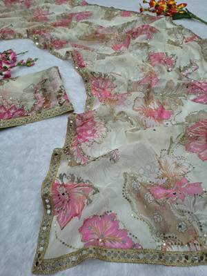 White Color Print And Handwork Sequins Work Tabby art silk saree 4