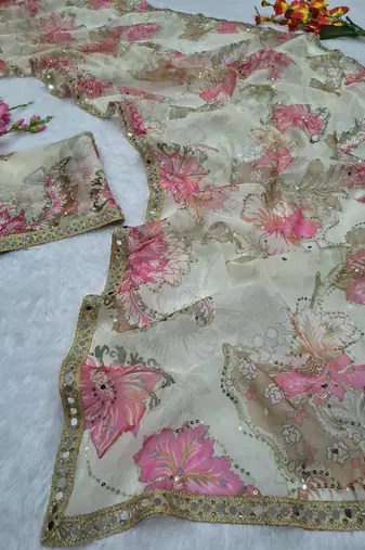 White Color Print And Handwork Sequins Work Tabby art silk saree