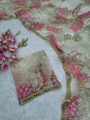 White Color Print And Handwork Sequins Work Tabby art silk saree 5