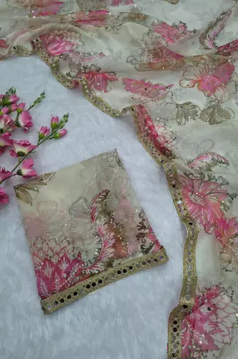 White Color Print And Handwork Sequins Work Tabby art silk saree