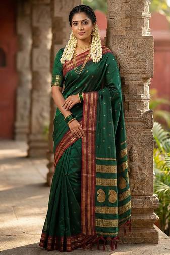 Dark green silk woven saree with blouse