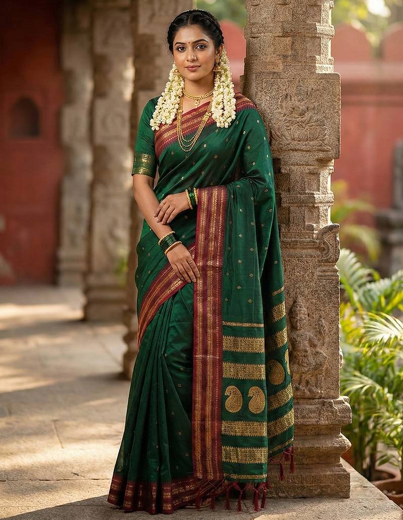 Dark green silk woven saree with blouse