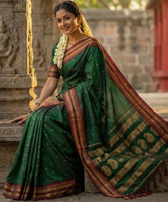 Dark green silk woven saree with blouse 2