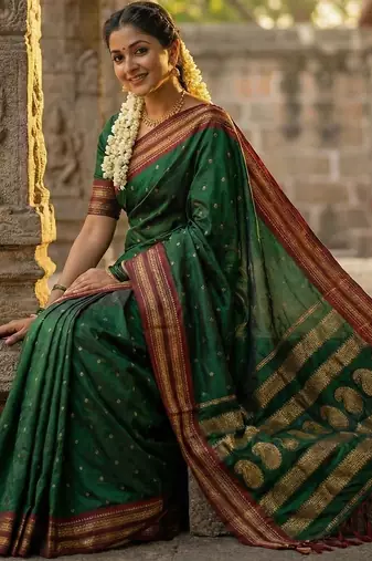 Dark green silk woven saree with blouse