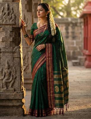 Dark green silk woven saree with blouse 3