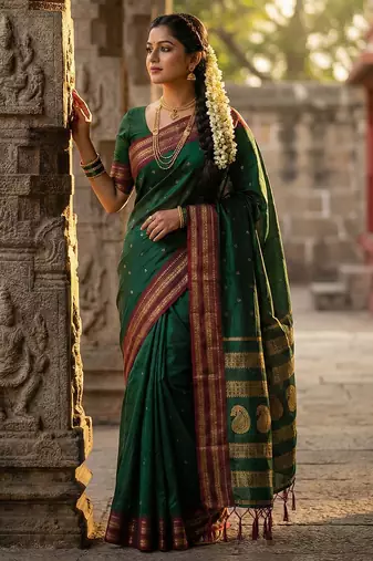 Dark green silk woven saree with blouse