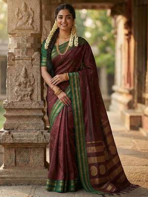 Maroon silk woven saree with blouse 1