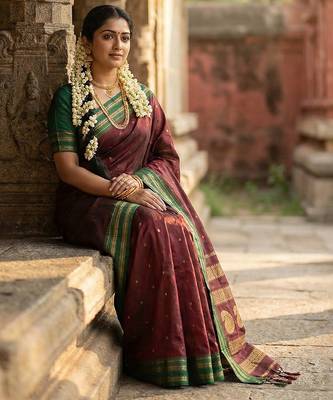 Maroon silk woven saree with blouse 2