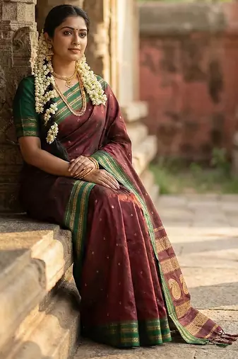 Maroon silk woven saree with blouse