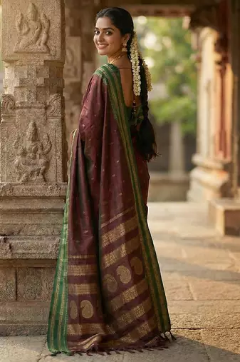 Maroon silk woven saree with blouse