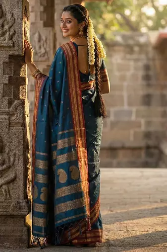 Teal silk woven saree with blouse