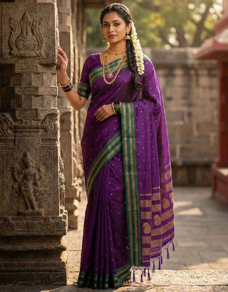 Violet silk woven saree with blouse