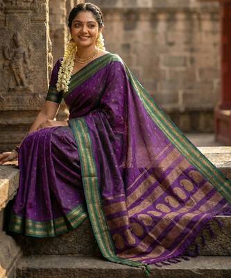Violet silk woven saree with blouse 2