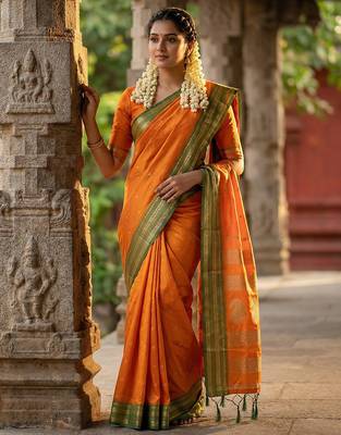Yellow silk woven saree with blouse 1