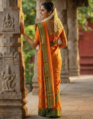 Yellow silk woven saree with blouse 3