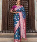 Blue silk woven saree with blouse