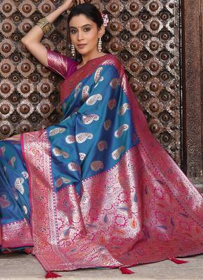 Blue silk woven saree with blouse 2