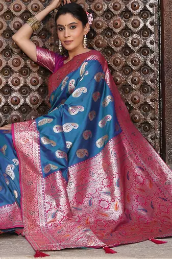 Blue silk woven saree with blouse