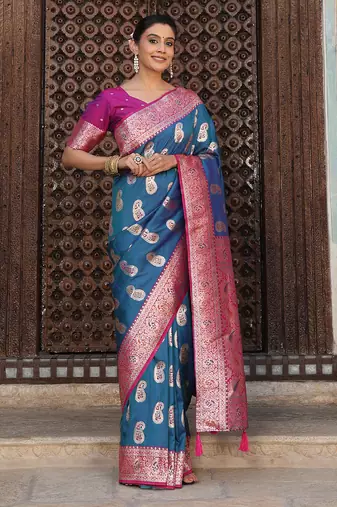 Blue silk woven saree with blouse