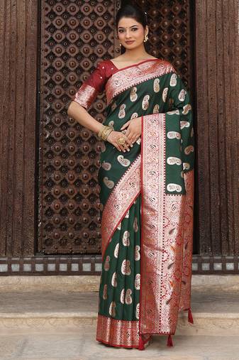 Dark green silk woven saree with blouse