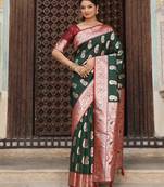 Dark green silk woven saree with blouse