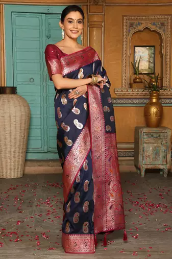 Navy silk woven saree with blouse