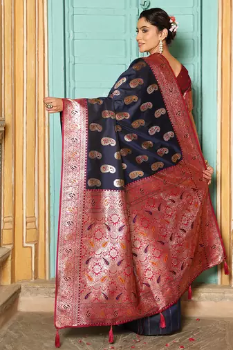 Navy silk woven saree with blouse
