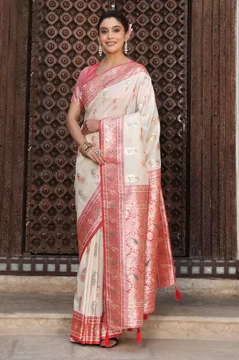 Off white silk woven saree with blouse