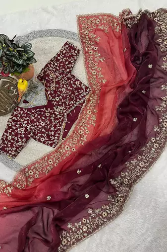 Wine Color Sequins with Jari Thread Embroidery Work Chiffon Silk Saree