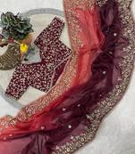Wine Color Sequins with Jari Thread Embroidery Work Chiffon Silk Saree