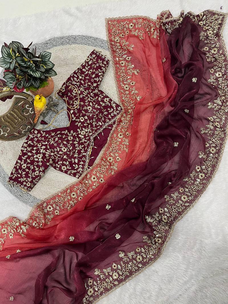 Wine Color Sequins with Jari Thread Embroidery Work Chiffon Silk Saree