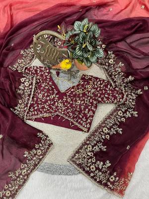 Wine Color Sequins with Jari Thread Embroidery Work Chiffon Silk Saree 2