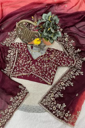 Wine Color Sequins with Jari Thread Embroidery Work Chiffon Silk Saree