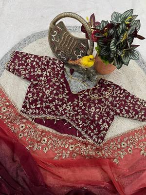 Wine Color Sequins with Jari Thread Embroidery Work Chiffon Silk Saree 3