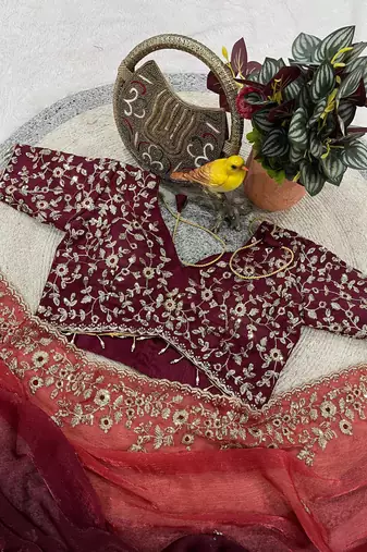 Wine Color Sequins with Jari Thread Embroidery Work Chiffon Silk Saree