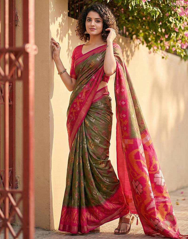 Mehendi pochampally printed saree with blouse