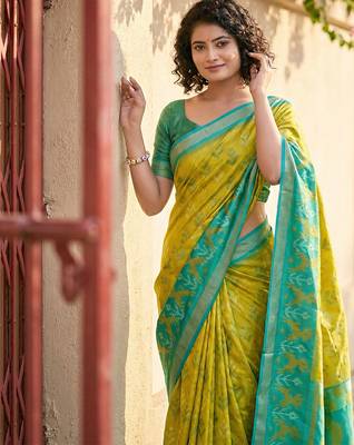 Olive pochampally printed saree with blouse 2