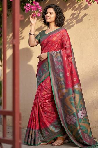Red pochampally printed saree with blouse