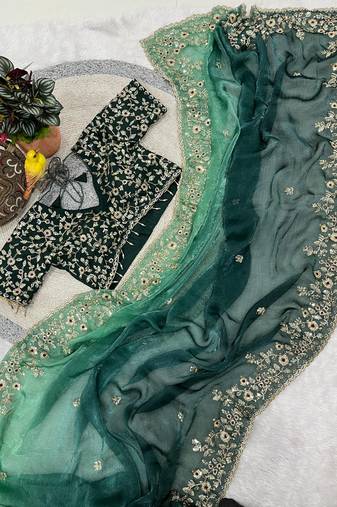 Green Color Sequins with Jari Thread Embroidery Work Chiffon Silk Saree