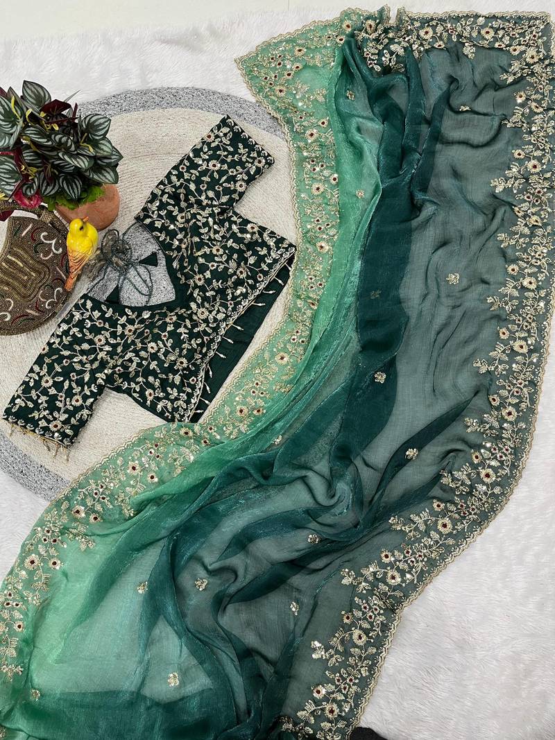 Green Color Sequins with Jari Thread Embroidery Work Chiffon Silk Saree