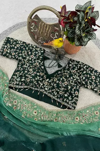 Green Color Sequins with Jari Thread Embroidery Work Chiffon Silk Saree