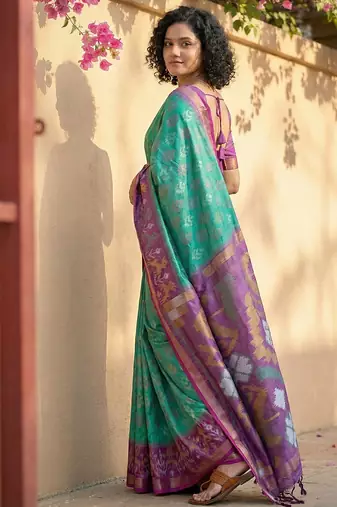 Turquoise pochampally printed saree with blouse
