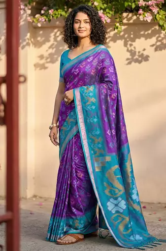 Violet pochampally printed saree with blouse